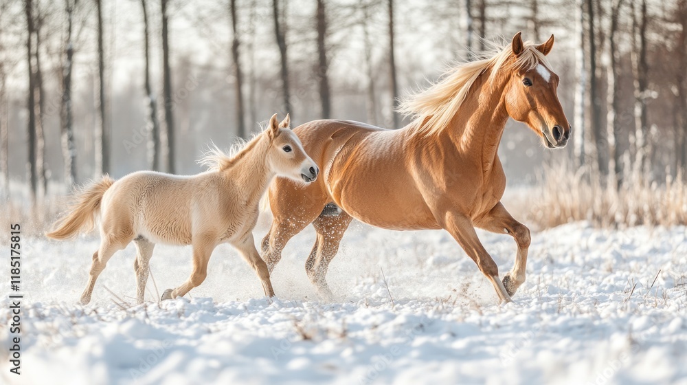 Majestic Horses Galloping Through a Serene Snowy Forest Landscape Majestic Horses Galloping Through a Serene Snowy Forest Landscape