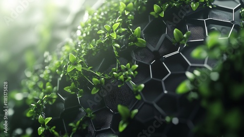 Green sprouts growing on futuristic sphere surface with hexagonal pattern photo