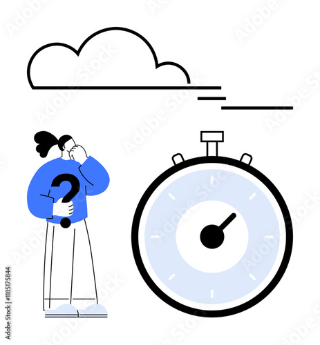 Person holding a question mark next to large stopwatch under a cloud. Ideal for time management, decision making, problem solving, brainstorming, confusion, deadlines, productivity. Line metaphor