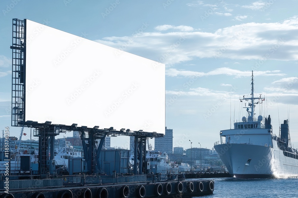 Obraz premium Blank Billboard Advertisement Near Harbor Ships