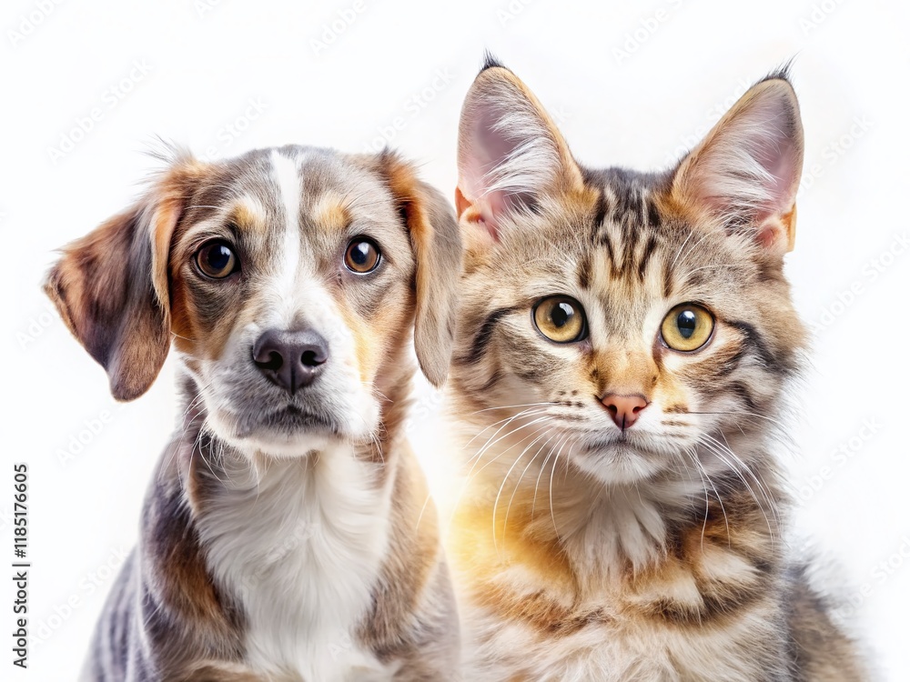 Cute Dog and Cat Double Exposure: Funny Pets Isolated on White Background Cute Dog and Cat Double Exposure: Funny Pets Isolated on White Background