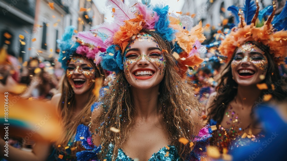Obraz premium Cheerful group of friends in carnival costumes have fun on street parade during Mardi Gras festival