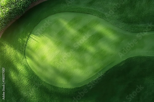 Aerial view of a lush green golf putting green, sunlight casting shadows. Ideal for websites, presentations, or showcasing golf course design.