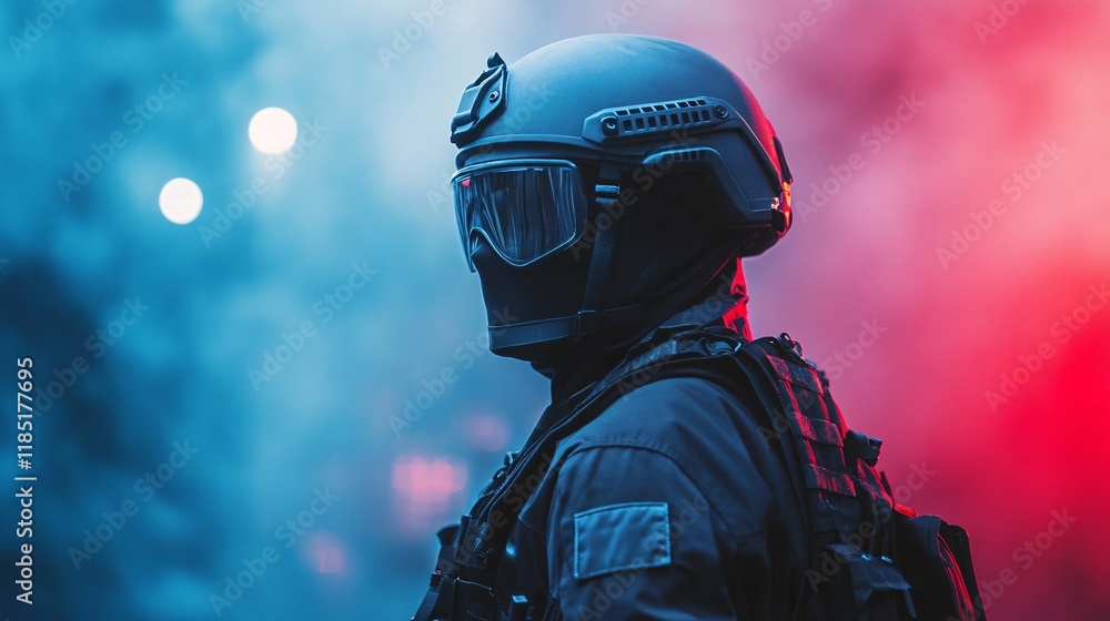 Soldier wearing tactical gear and helmet in smoky environment