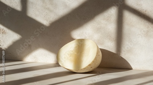 Pale, round, cut vegetable, slice,  shadowed, light, beige, wall, still life, minimal, natural light, studio shot. photo