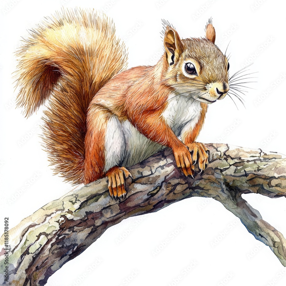 Obraz premium Curious Squirrel Watercolor Portrait on Branch