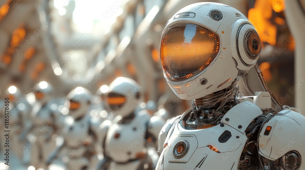 Futuristic robots in a city, close-up view of one. Futuristic robots in a city, close-up view of one.