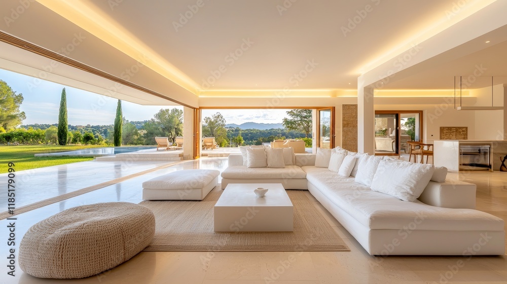 Estate property with a sunset view over rolling hills, serene ambiance Estate property with a sunset view over rolling hills, serene ambiance