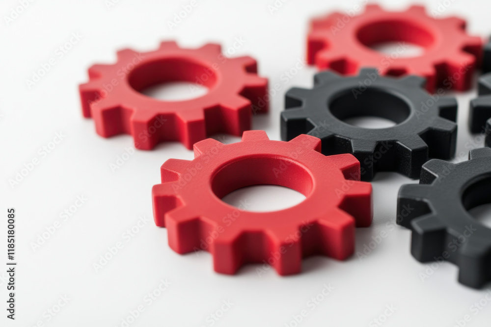 Colorful gears in red and black arranged on white background, symbolizing teamwork and strategy Colorful gears in red and black arranged on white background, symbolizing teamwork and strategy