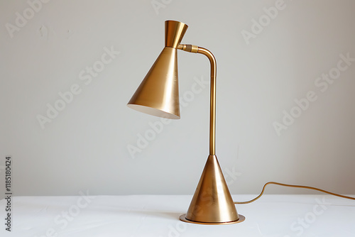 interior lighting, a timeless desk lamp in polished brass on a white backdrop mm tall with a mm wide conical shade, power switch on cord for convenience photo