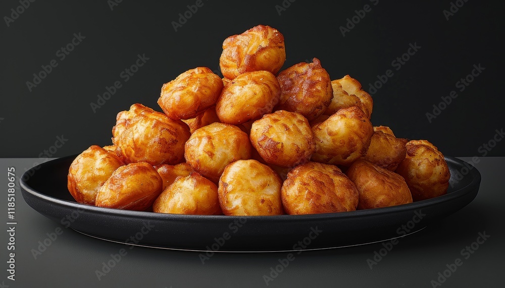 A heap of golden brown, deep-fried potato balls on a black plate. A heap of golden brown, deep-fried potato balls on a black plate.