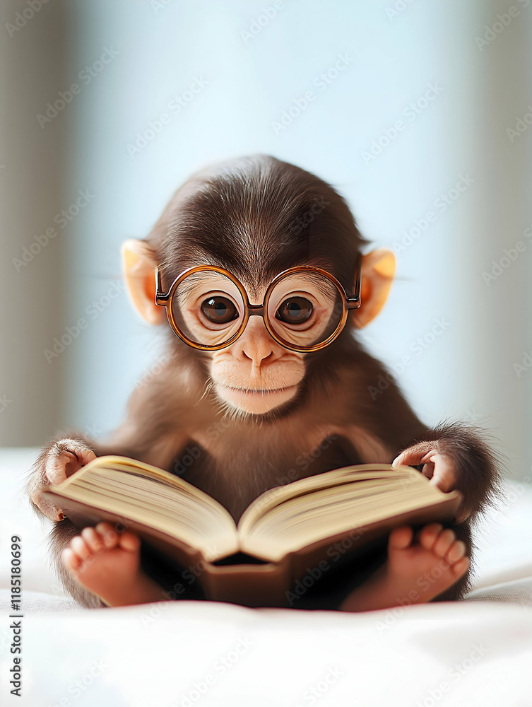 A cute baby monkey wearing glasses reads a book, showcasing a charming and playful scene. A cute baby monkey wearing glasses reads a book, showcasing a charming and playful scene.