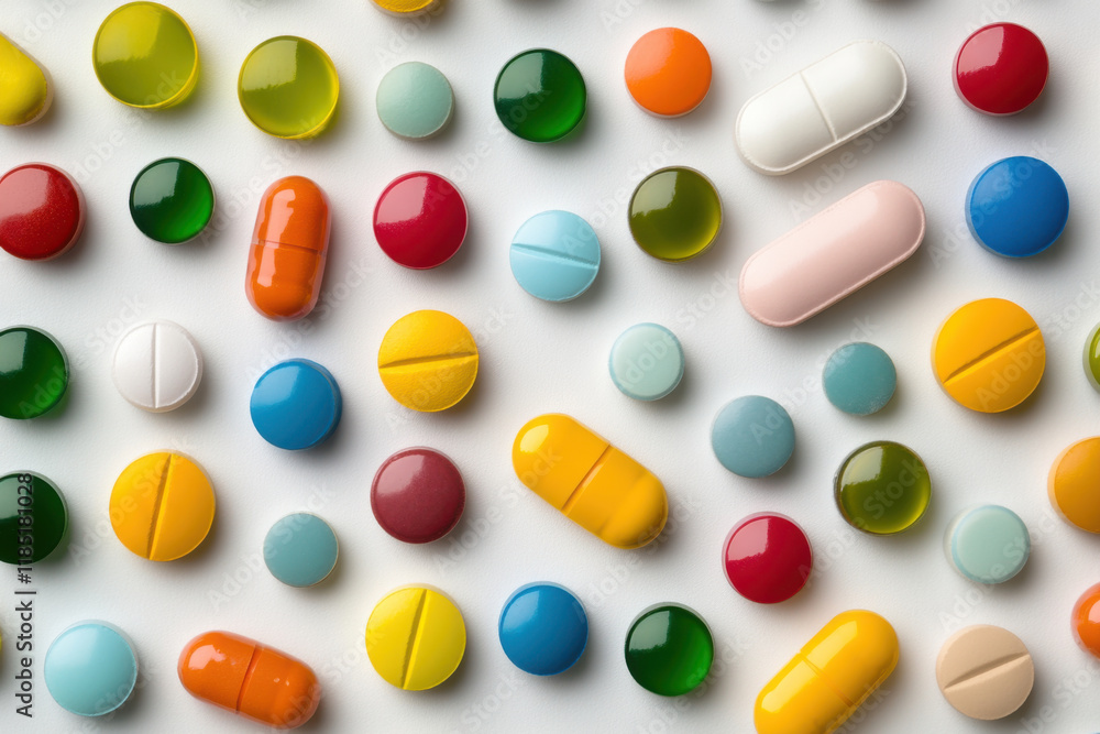 Colorful capsules and tablets arranged neatly on white background, showcasing various shapes and sizes, creating vibrant display Colorful capsules and tablets arranged neatly on white background, showcasing various shapes and sizes, creating vibrant display