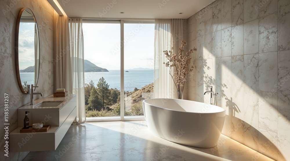 Modern Minimalist Bathroom with Scenic View Modern Minimalist Bathroom with Scenic View