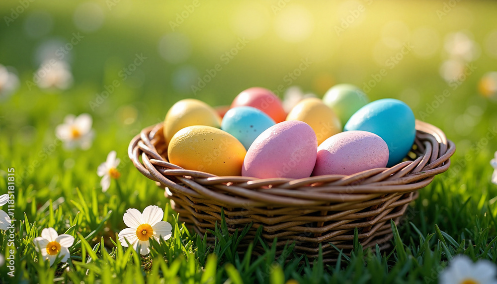 Brightly painted Easter eggs in wicker basket on green grass, spring joy Brightly painted Easter eggs in wicker basket on green grass, spring joy