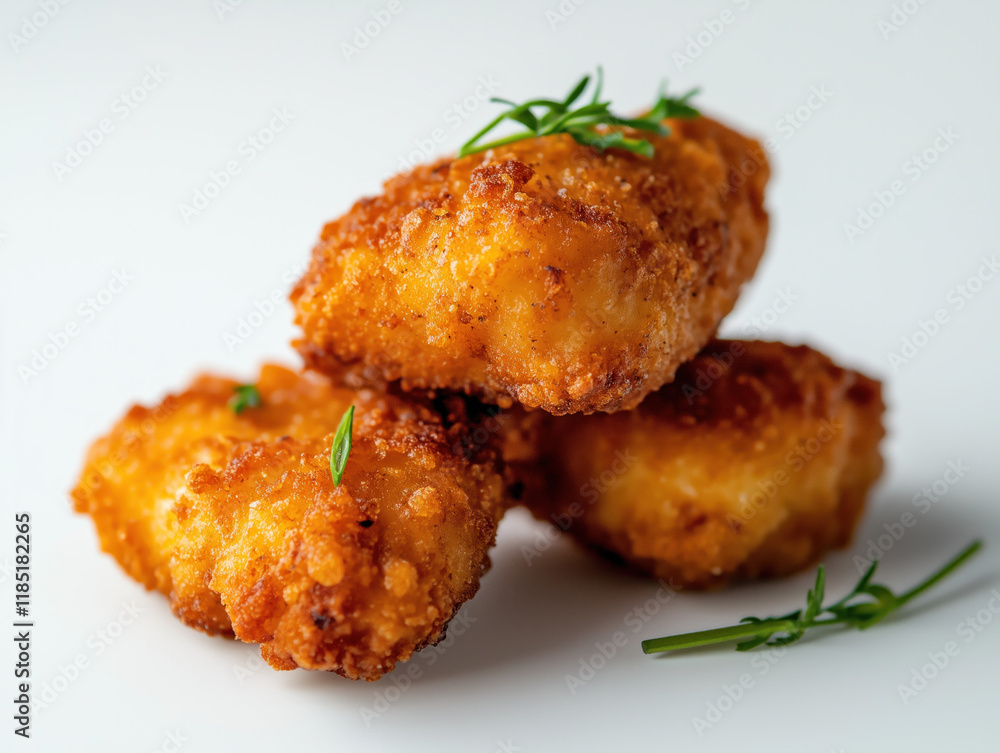 Golden, Crispy Fried Chicken Nuggets Displayed Against a Fresh, White Background for an Irresistible Visual Treat. Golden, Crispy Fried Chicken Nuggets Displayed Against a Fresh, White Background for an Irresistible Visual Treat.