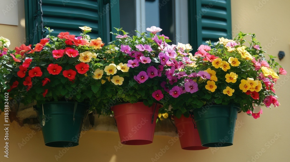 Obraz premium Hanging pots with multicolored flowers creating a stunning balcony display.