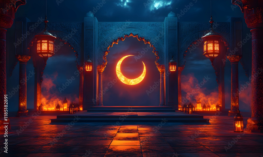 Nighttime Crescent Moon Mosque Courtyard