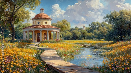 Idyllic summer scene with a charming rotunda nestled amidst a vibrant wildflower meadow and a tranquil pond, a picturesque wooden pathway leads towards it.