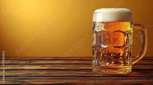 Refreshing Beer in a Glass Mug on Wooden Table: A Perfect Drink for Celebration and Relaxation photo