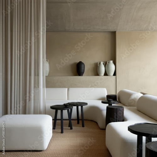 Wallpaper Mural Minimalist living room, neutral tones, beige and cream colors, large windows, sheer curtains, low profile sofa, abstract wall art, potted plant, track lighting, textured wall panels, modern interior d Torontodigital.ca