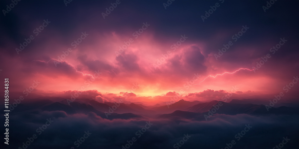Obraz premium breathtaking sunset over mountains, with dramatic clouds and lightning.