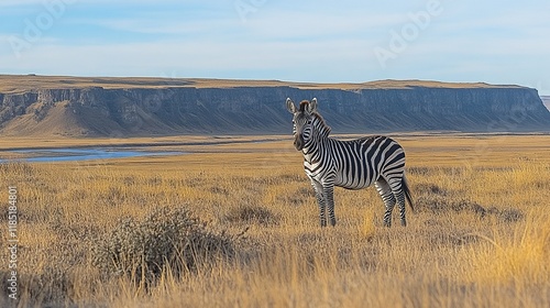 Zebra stands in golden grassland, river, cliffs backdrop. photo