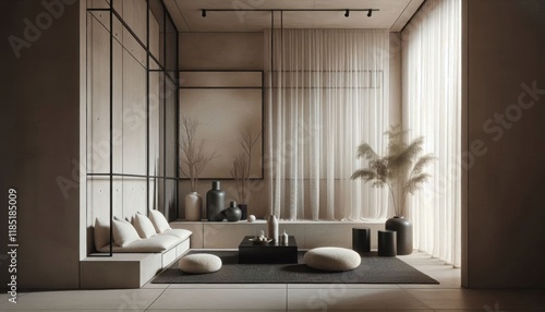 Minimalist living room, neutral tones, beige and cream colors, large windows, sheer curtains, low profile sofa, abstract wall art, potted plant, track lighting, textured wall panels, modern interior d photo