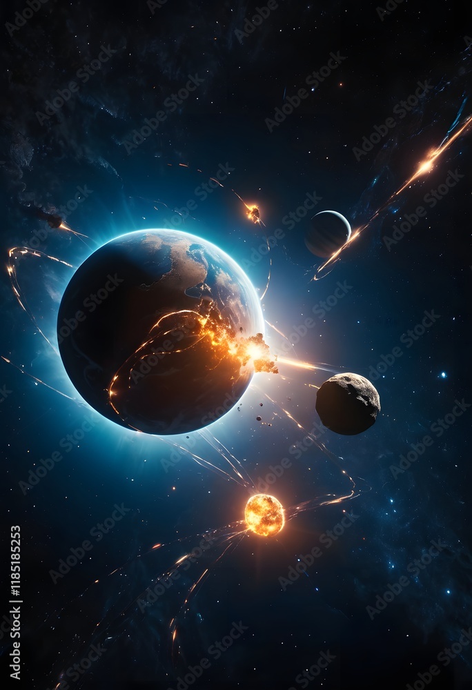 Obraz premium Planetary Collision with Debris and Multiple Celestial Bodies