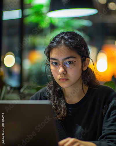 A young female programmer coding on a laptop, serious expression, soft lighting, modern coworking space background, photo