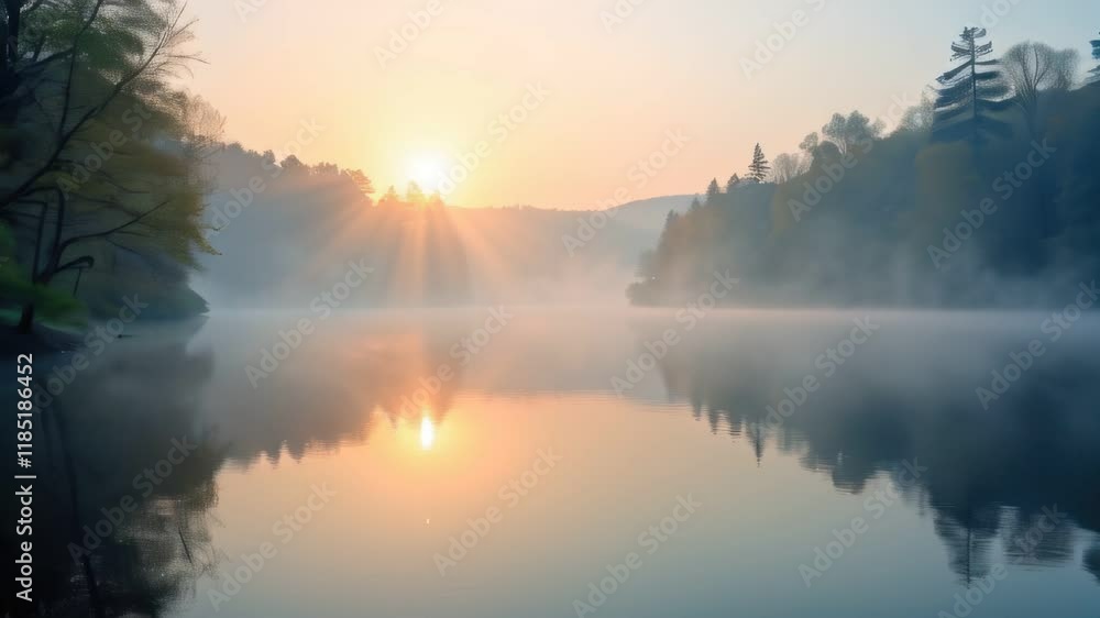 View of a lake with a boat in the water and the sun setting, landscape background