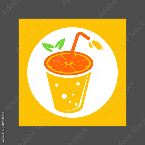 An orange smoothie or milkshake with a straw and orange slices in a yellow circular frame