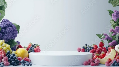 Fototapeta Naklejka Na Ścianę i Meble -  White podium with fresh fruit and vegetables.