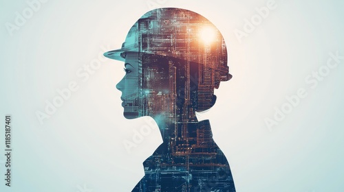 Woman Engineer with Hard Hat and Digital Overlay of Technological Elements Representing Innovation and Progress in Modern Architecture and Construction Industry