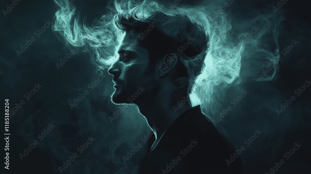Mysterious Man Enveloped in Ethereal Teal Smoke, Profile Portrait, Dark Background, Moody Atmosphere, Artistic Photography Mysterious Man Enveloped in Ethereal Teal Smoke, Profile Portrait, Dark Background, Moody Atmosphere, Artistic Photography