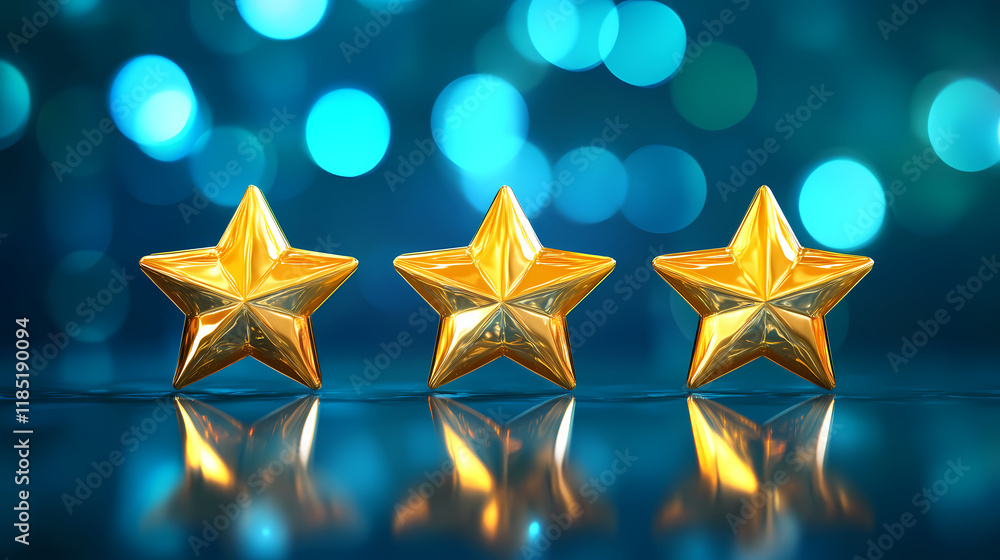 Fototapeta premium Three golden stars with reflections on a blue bokeh background. starshade. illustration. Starshade. Illustration