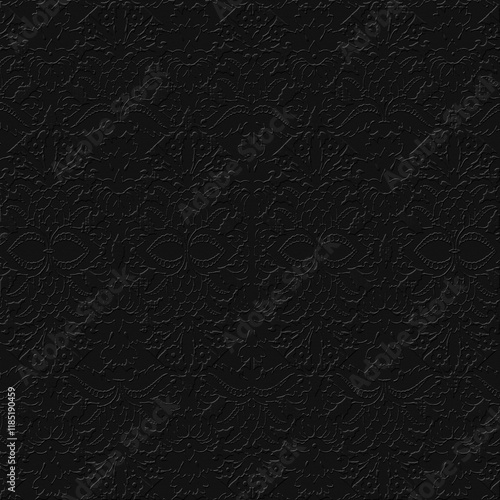 Black embossed damask texture with detailed baroque floral pattern, ideal for luxury backgrounds, gothic decor, elegant wallpaper, and refined design projects.