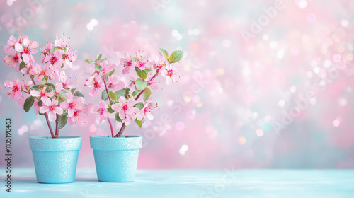 Wallpaper Mural Bright pink flowers in blue pots against soft pastel background Torontodigital.ca