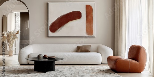 Wallpaper Mural Minimalist living room, curved white sofa, round wooden coffee table, abstract red artwork, arched doorway, terracotta accent chair, neutral color palette, natural light, textured curtains, modern int Torontodigital.ca