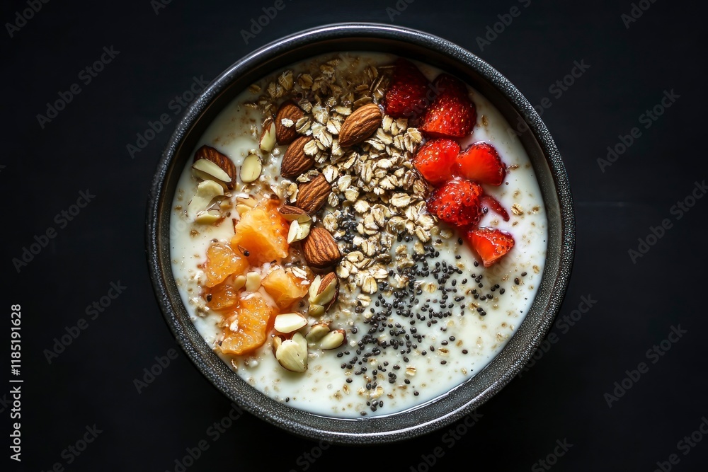 Creamy oatmeal bowl with strawberries, almonds, chia seeds and apricots. Creamy oatmeal bowl with strawberries, almonds, chia seeds and apricots.