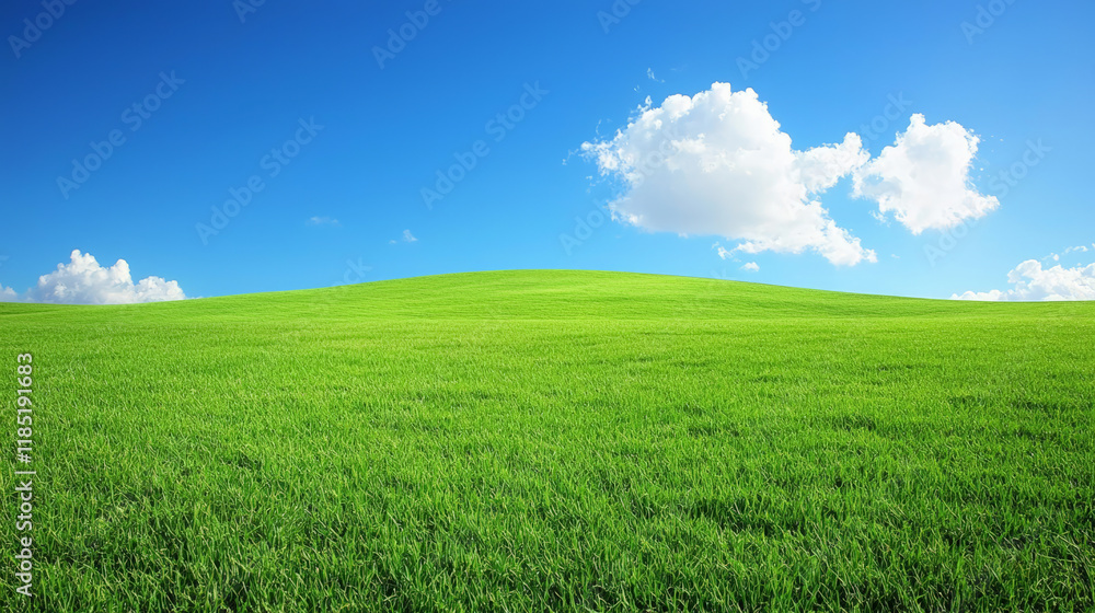 Lush green hills under bright blue sky with fluffy clouds create serene landscape Lush green hills under bright blue sky with fluffy clouds create serene landscape