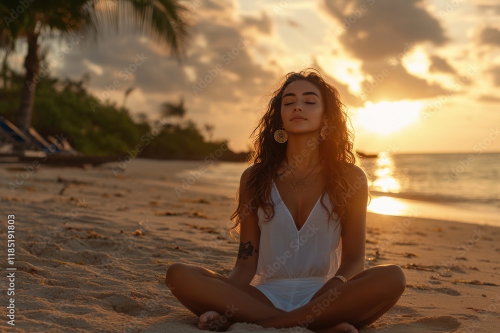 Young woman practices mindfulness on a sandy beach at sunrise surrounded by tranquil beauty