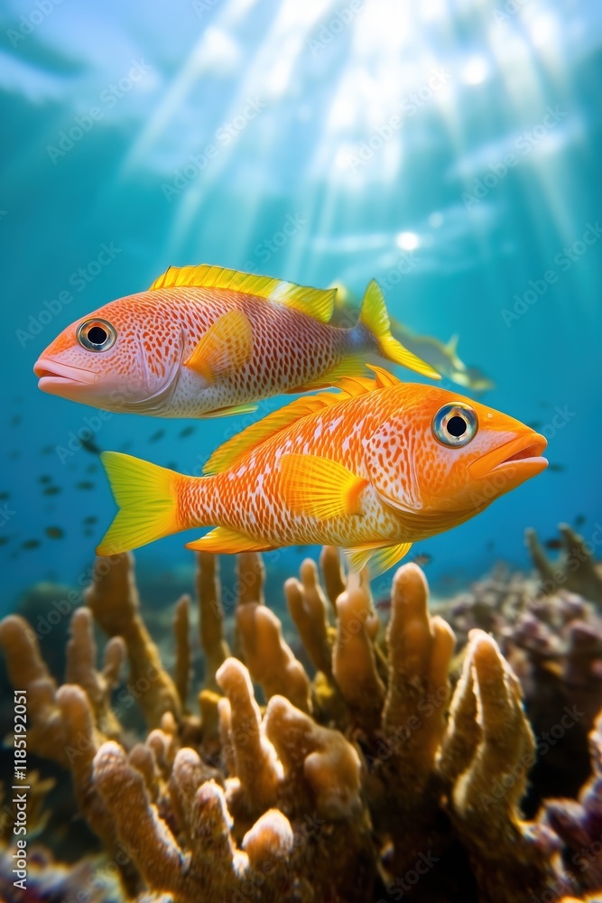Naklejka premium Vibrant Orange Reef Fish Swimming Coral Reef Sunlight Background