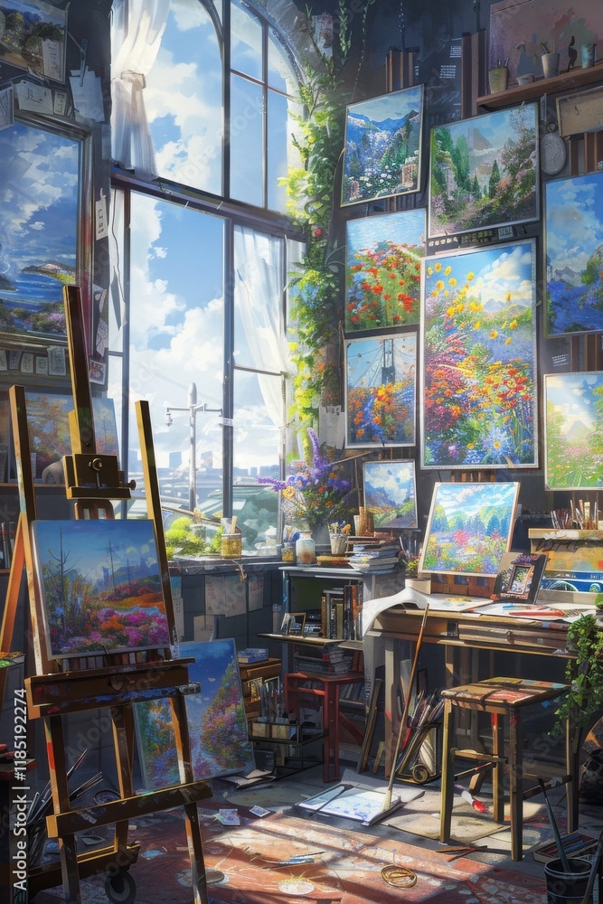 Obraz premium Sunlit artist studio vibrant with colorful paintings sketches easel tools. Creativity abounds in this eclectic workspace.