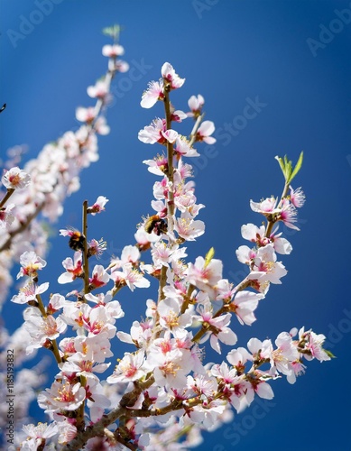 Delicate pink almond blossoms against a vibrant blue sky. Bees busily collect pollen.
