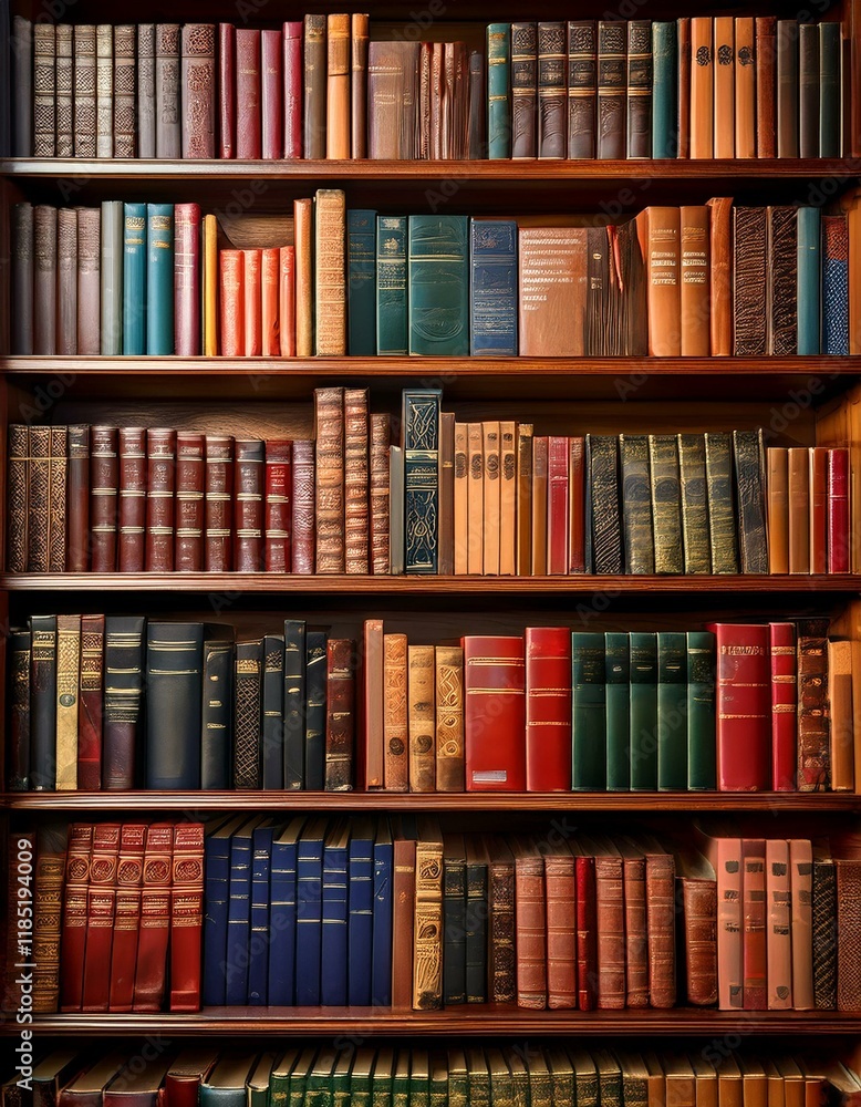 Rows of antique books fill a classic wooden bookshelf.