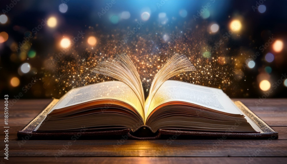 Open book glowing with magical light, enchanting scene.