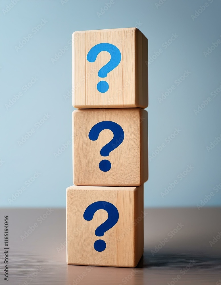 Three wooden blocks stacked, each displaying a blue question mark. Uncertainty and questions concept.
