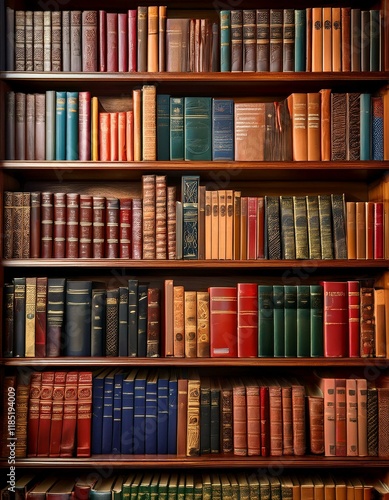 Obraz na płótnie Rows of antique books fill a classic wooden bookshelf. w salonie