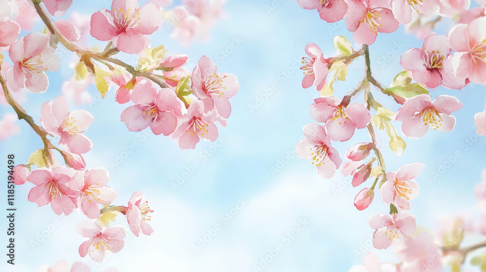 Delicate pink cherry blossoms against soft blue background evoke spring beauty Delicate pink cherry blossoms against soft blue background evoke spring beauty